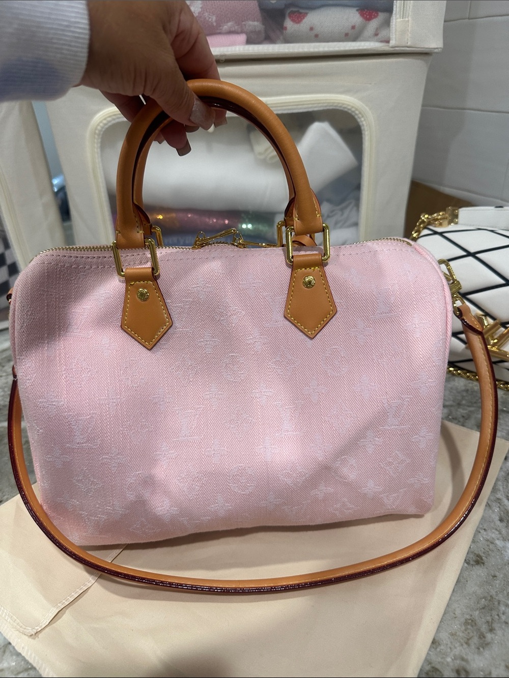 Pink Denim Satchel Handbag with Tan Trim. Nice condition - Picture 12 of 12